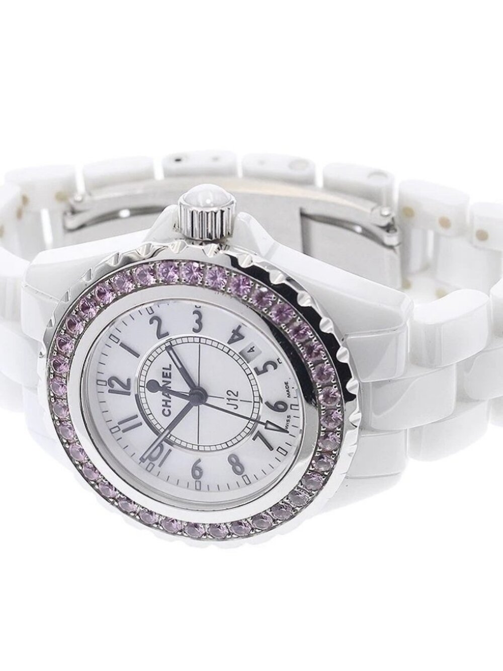 CHANEL J12 H1181 Pink Sapphire Bezel White Dial Quartz Ladies Watch_944373